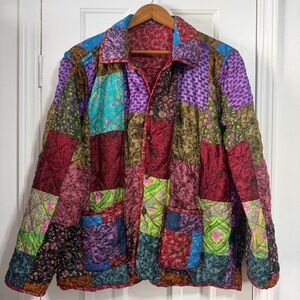 Vintage Coldwater Creek 100% silk reversible patchwork quilted floral jacket L